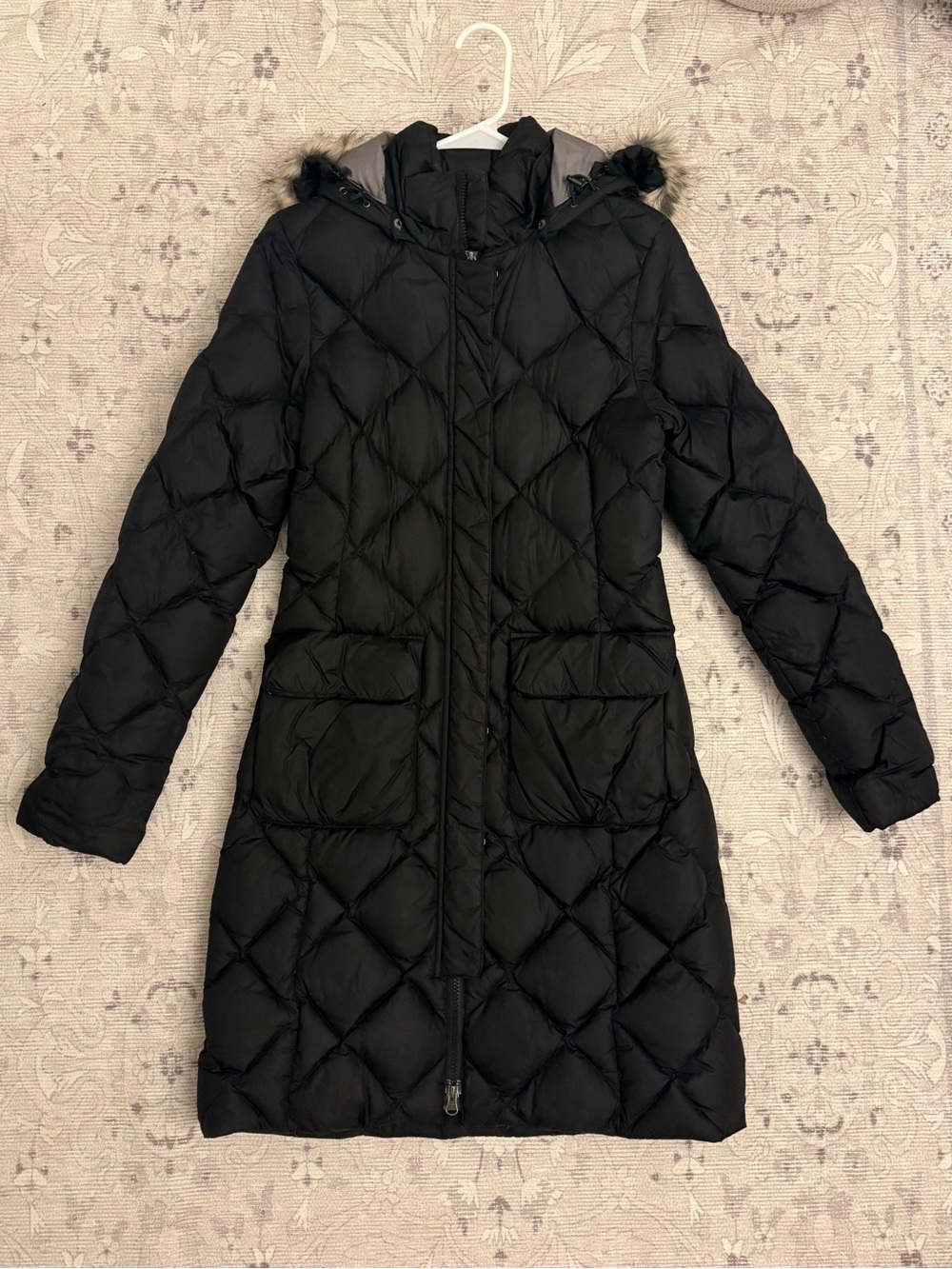 The North Face Women's Black Quilted Long Down Puffer Coat with Fur Hood